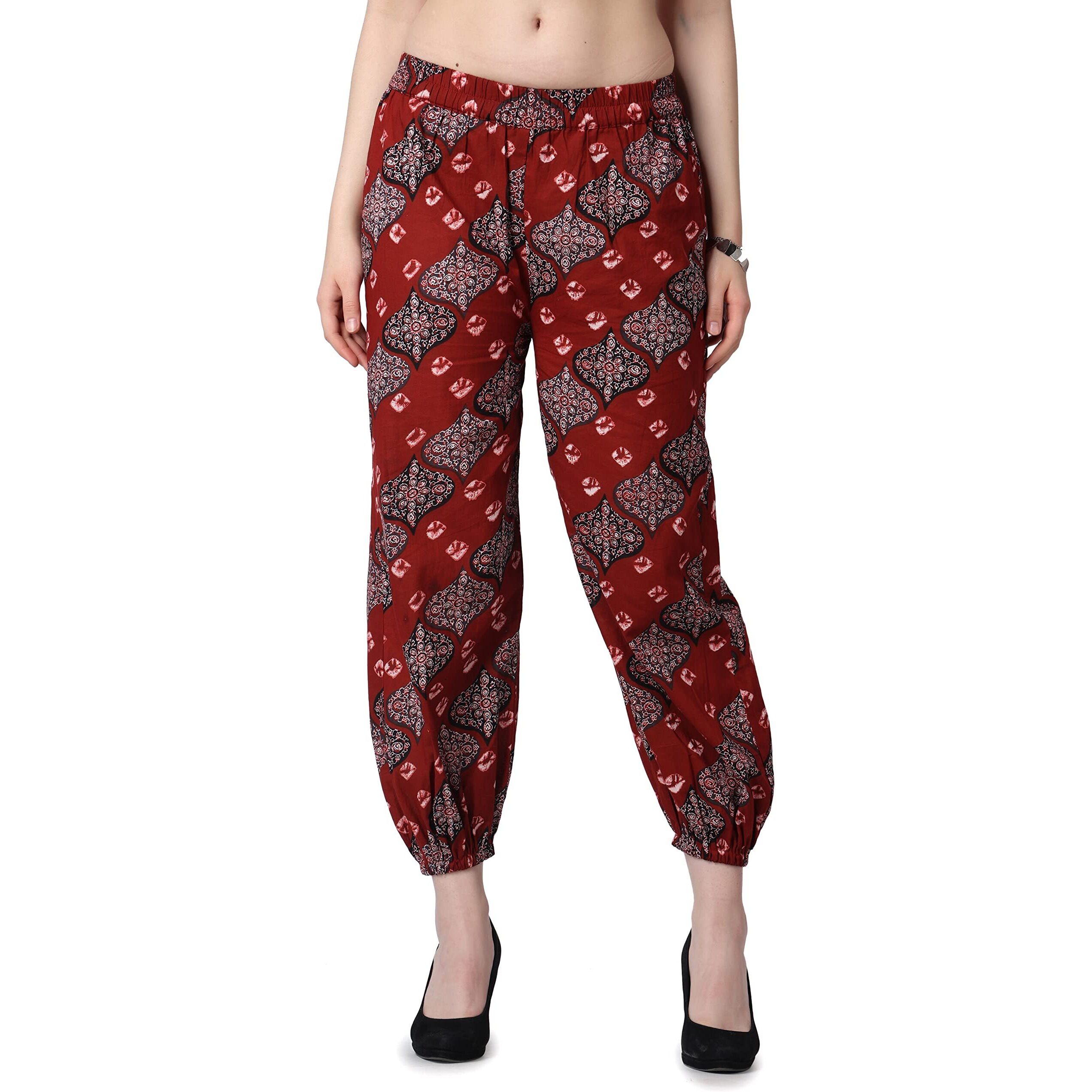 Popwings Casual Bagru Printed Cotton Joggers For Women - Latest Stylish Western Summer Pants - Pull-On Maroon