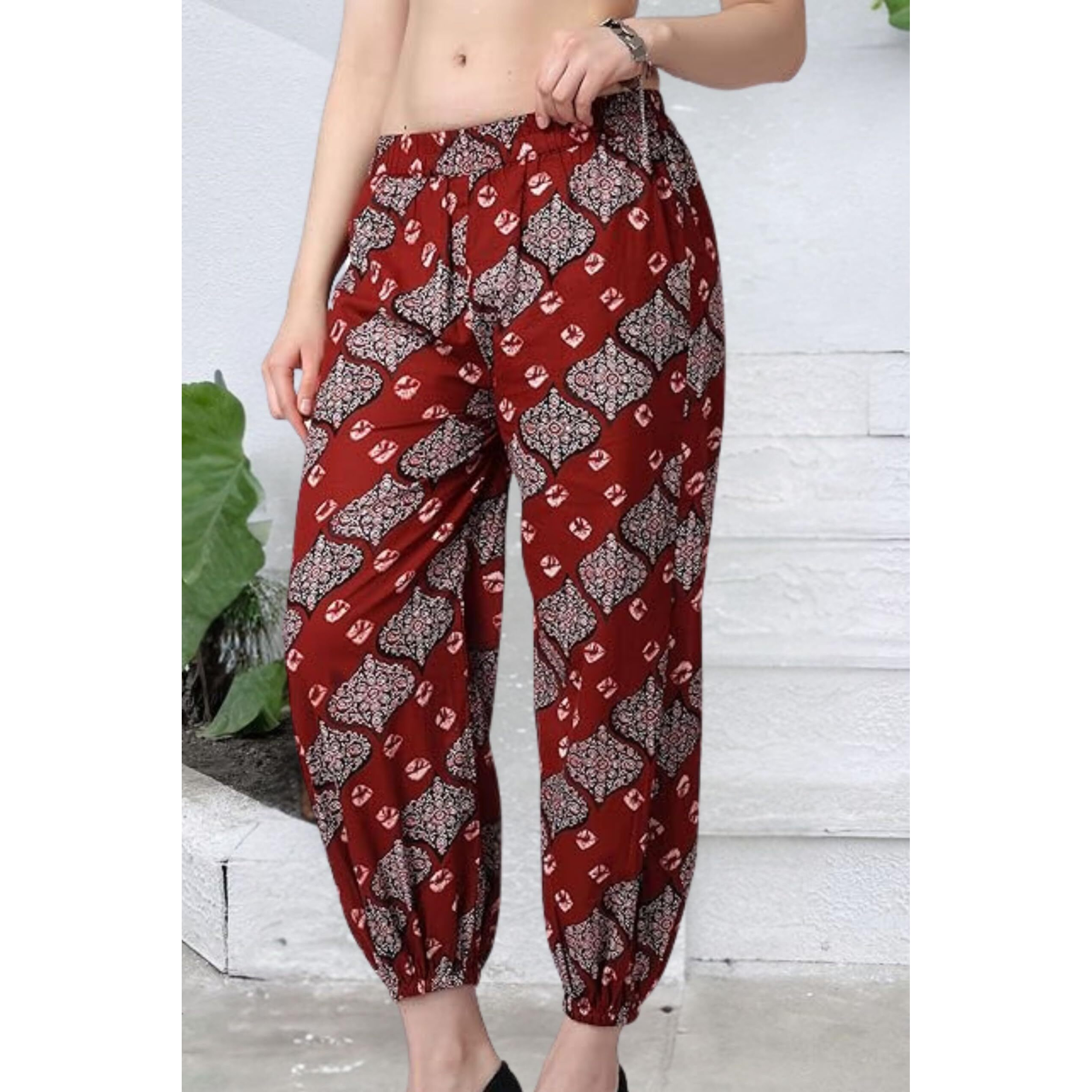 Popwings Casual Bagru Printed Cotton Joggers For Women - Latest Stylish Western Summer Pants - Pull-On Maroon
