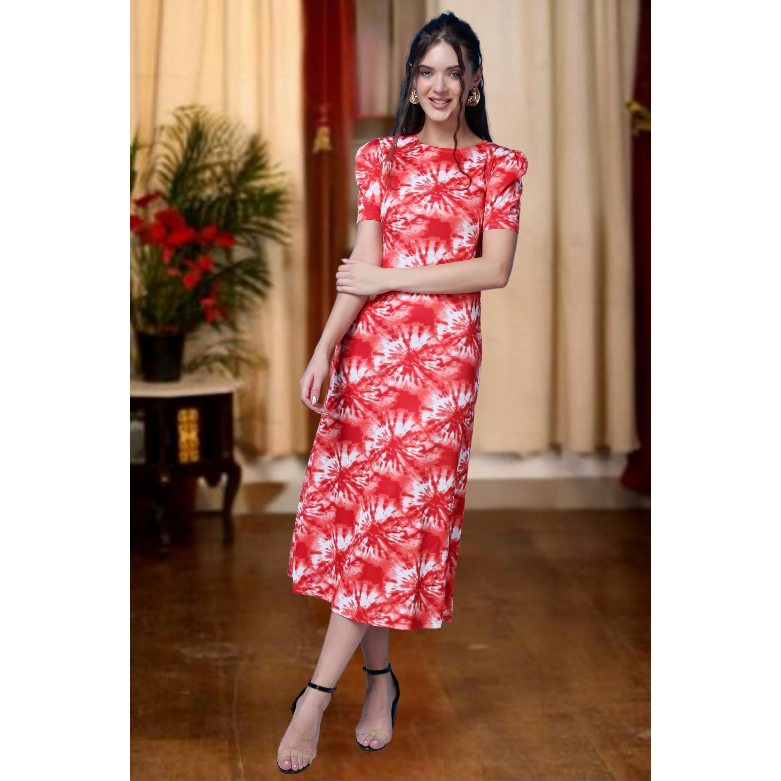 Popwings Casual Abstract Printed Midi Dress For Women | Half-Sleeves Long Dress For Women | Round-Neck Women Stylish Dress Red