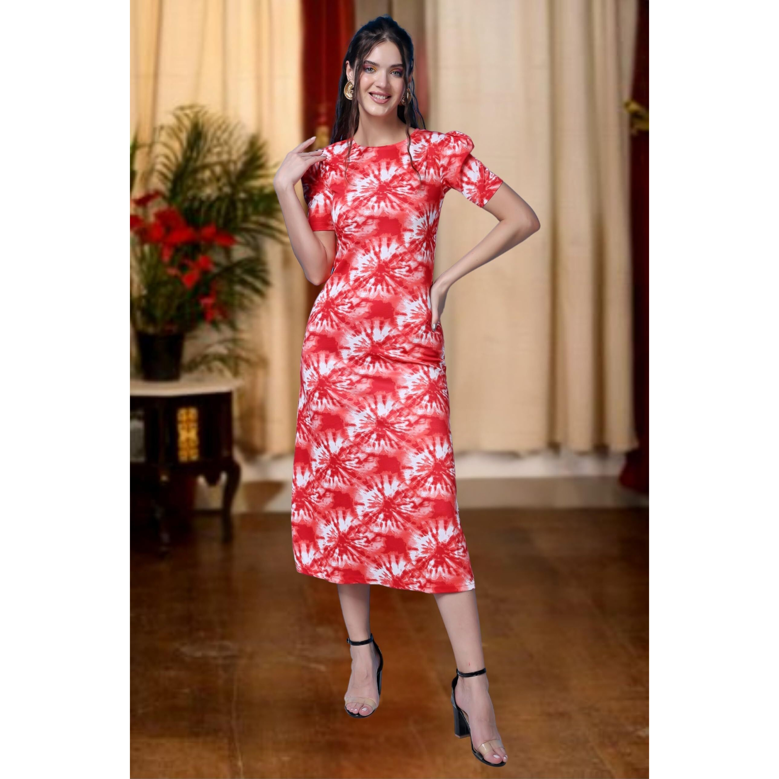 Popwings Casual Abstract Printed Midi Dress For Women | Half-Sleeves Long Dress For Women | Round-Neck Women Stylish Dress Red