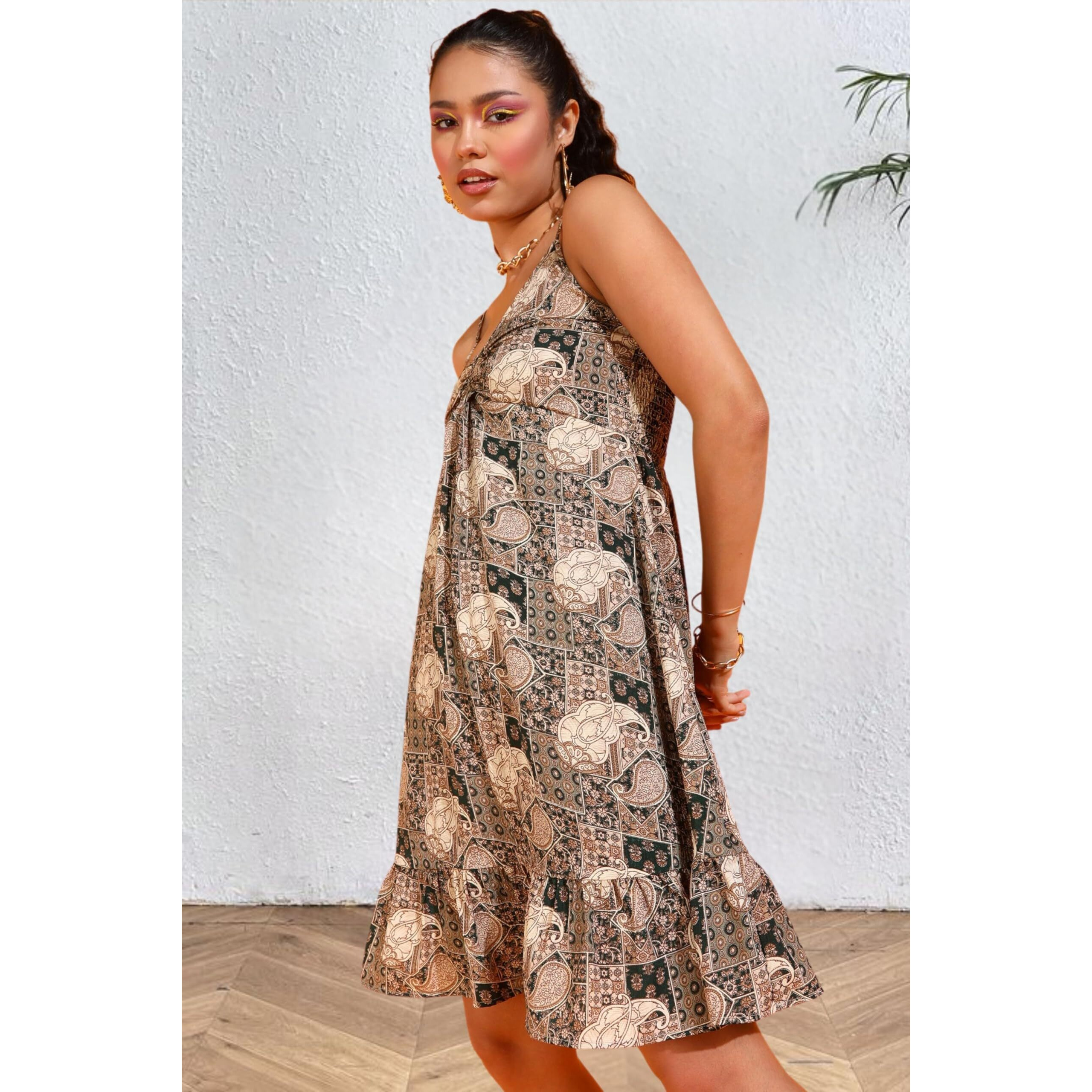 Popwings Casual Bandhani Print Deep V-Neck Sleeveless Flare Dress For Women || Latest Stylish Western Summer Wear Dresses For Women || Frock-Style Women Dresses Dark Green