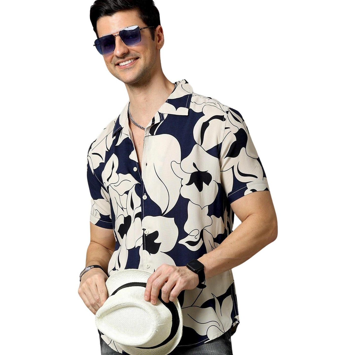 Rytras Men's Printed Regular Fit Shirt(Navy Blue,L)