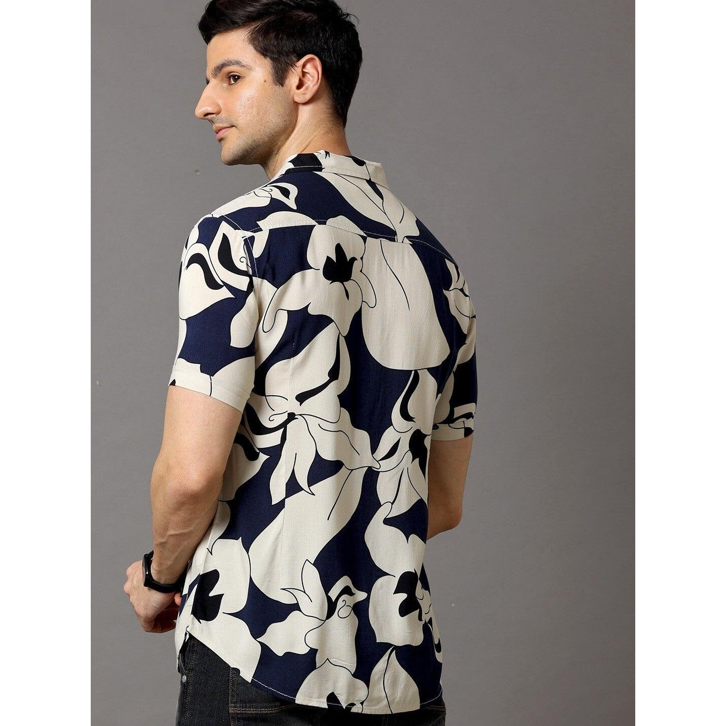 Rytras Men's Printed Regular Fit Shirt(Navy Blue,L)