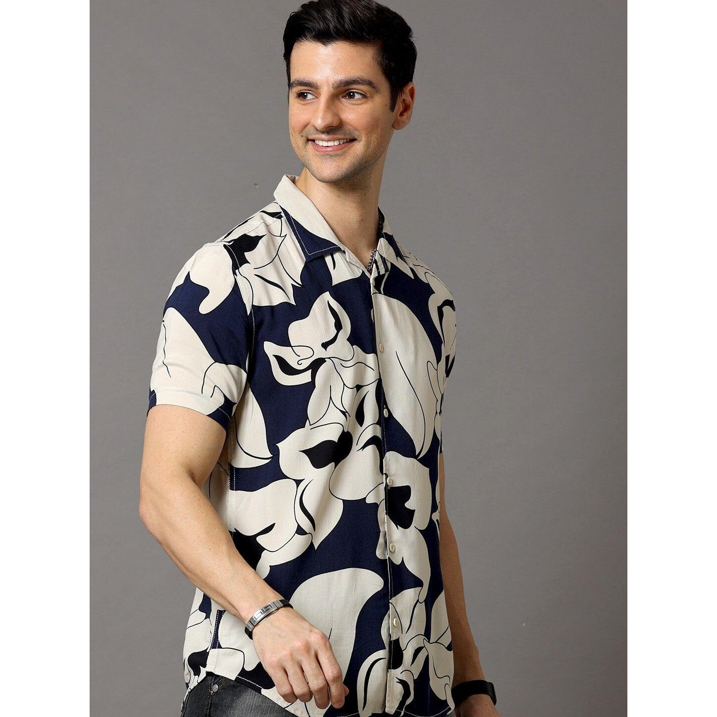 Rytras Men's Printed Regular Fit Shirt(Navy Blue,L)
