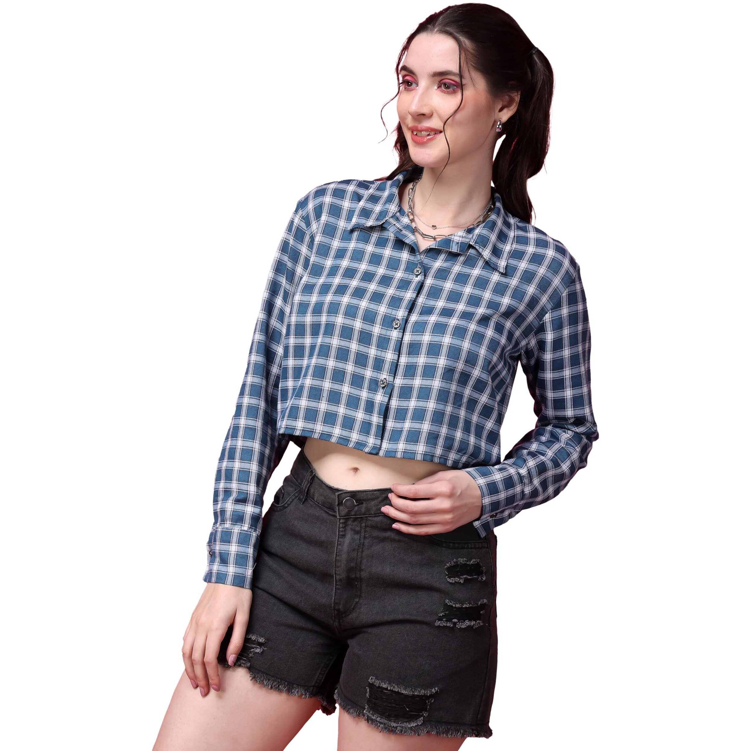 Popwings Casual Pure Cotton Checks Crop Shirt For Women | Stylish Western Crop Shirt For Women | Full Sleeves Crop Shirt For Women
