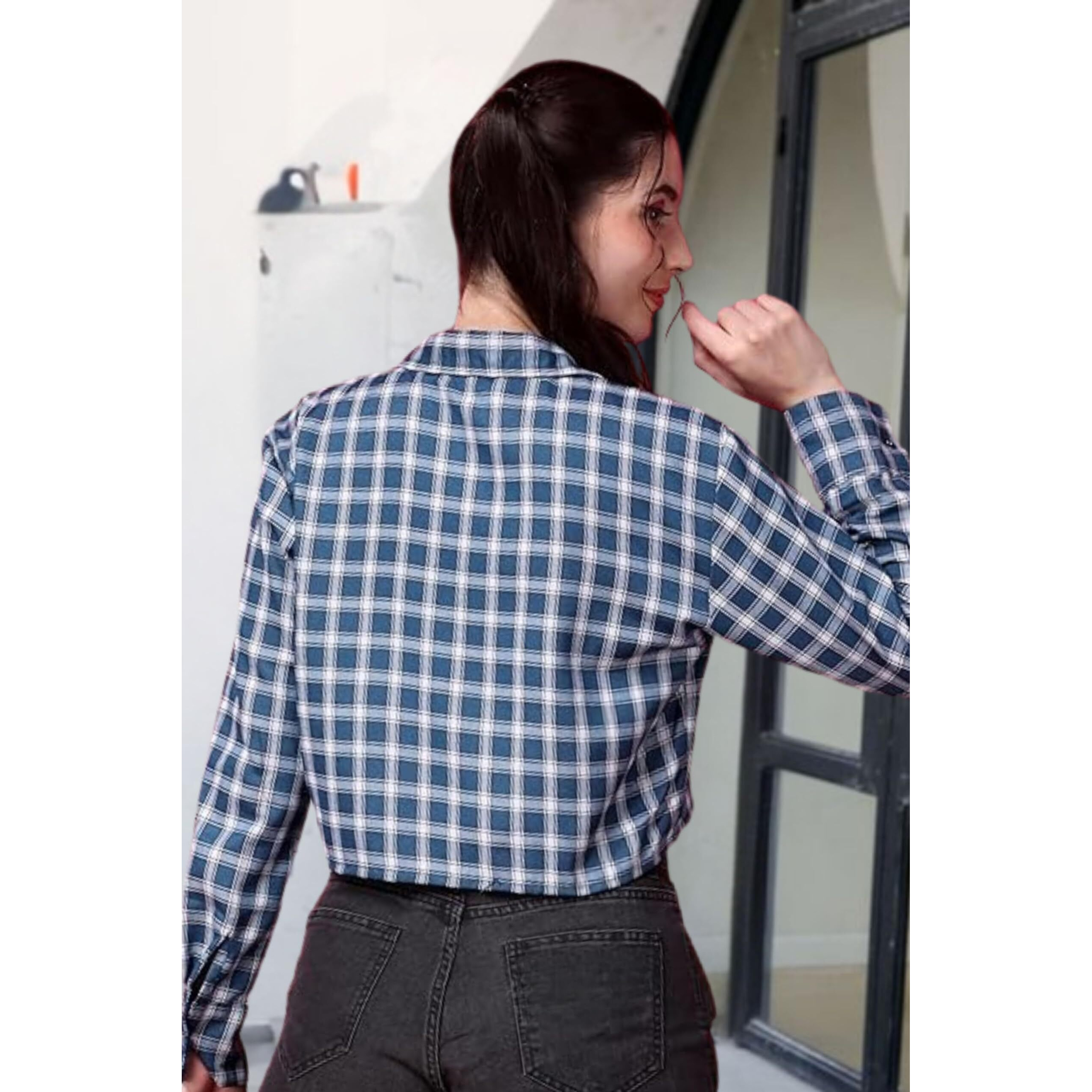 Popwings Casual Pure Cotton Checks Crop Shirt For Women | Stylish Western Crop Shirt For Women | Full Sleeves Crop Shirt For Women