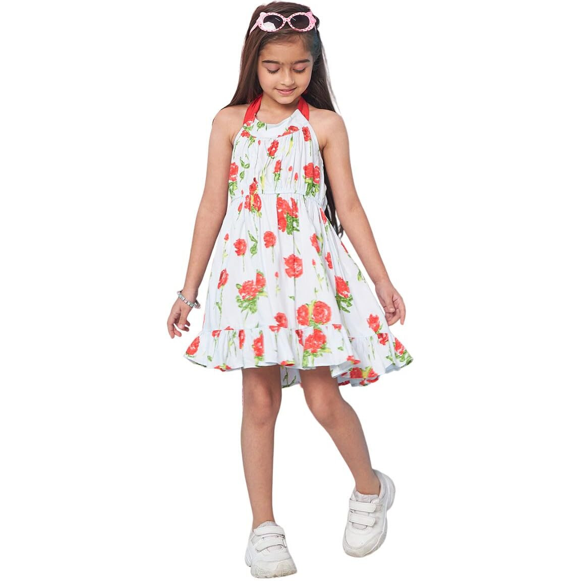 Pspeaches Adorable Girl's Floral Printed Halter Neck Cotton A-Line Dress Blue Color Stylish & Comfortable Summer Fashion (8-9Years)