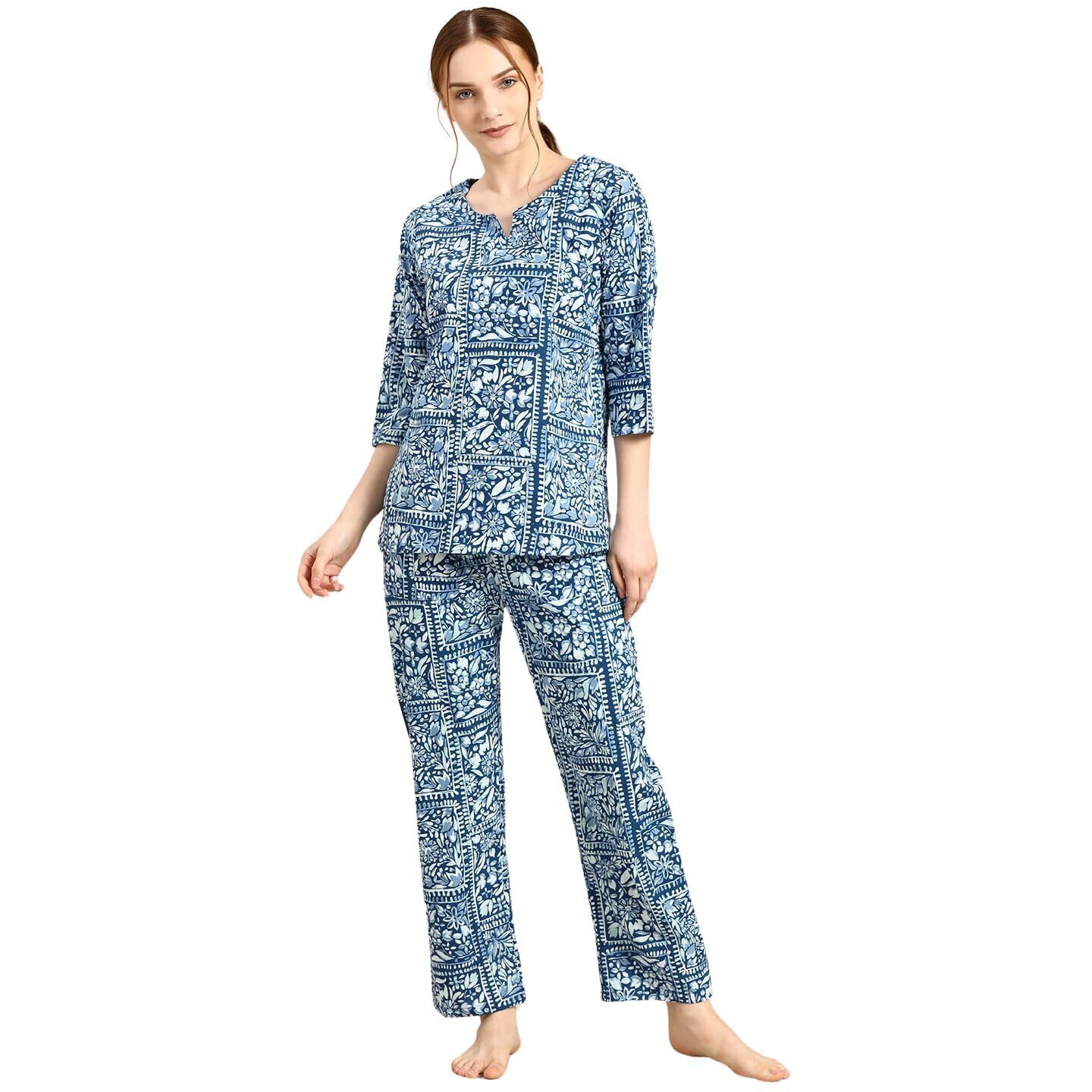 Rytras Women's Cotton Printed Night Suit Set Of Shirt Top & Pajamas (Pack Of 1)(Blue,S)