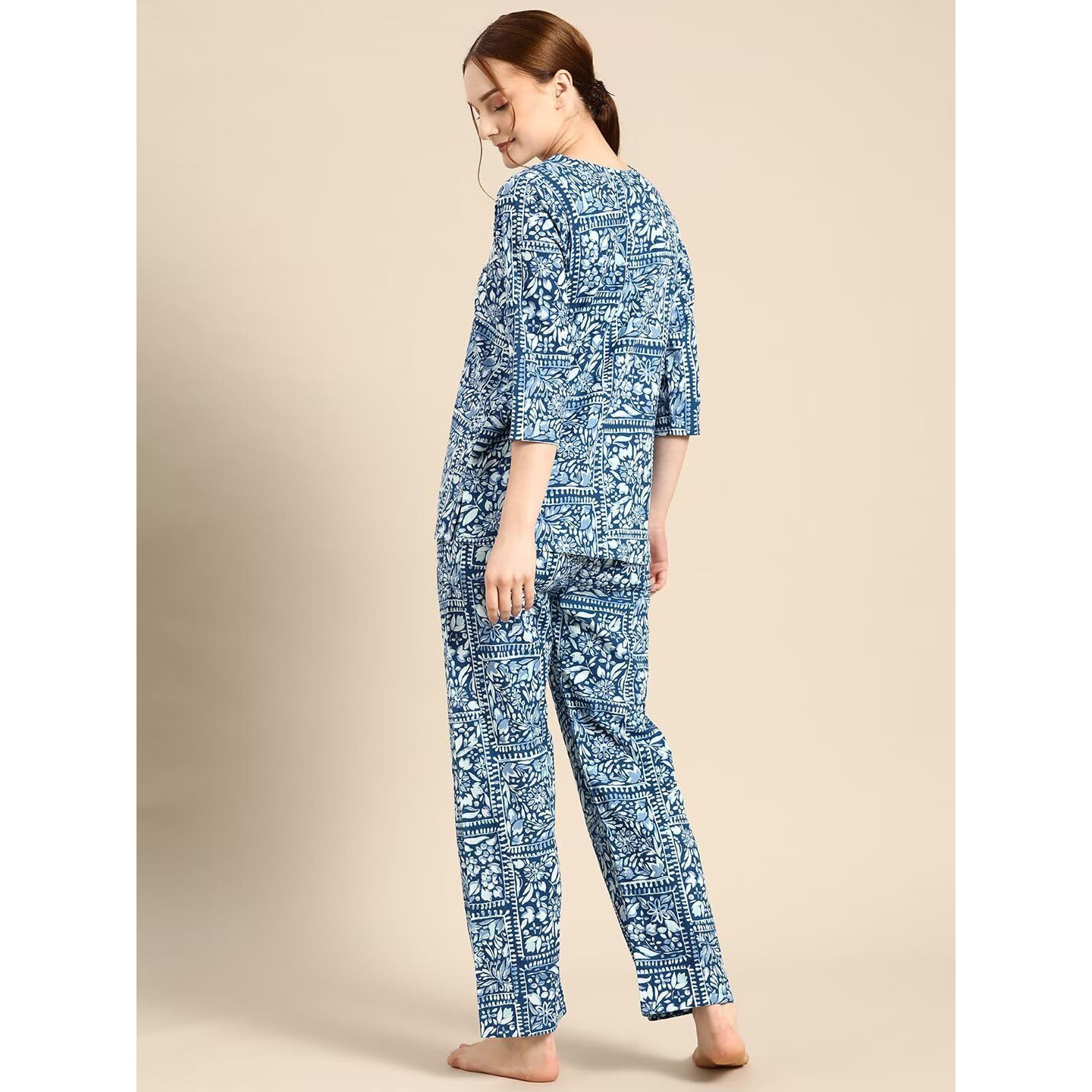 Rytras Women's Cotton Printed Night Suit Set Of Shirt Top & Pajamas (Pack Of 1)(Blue,S)