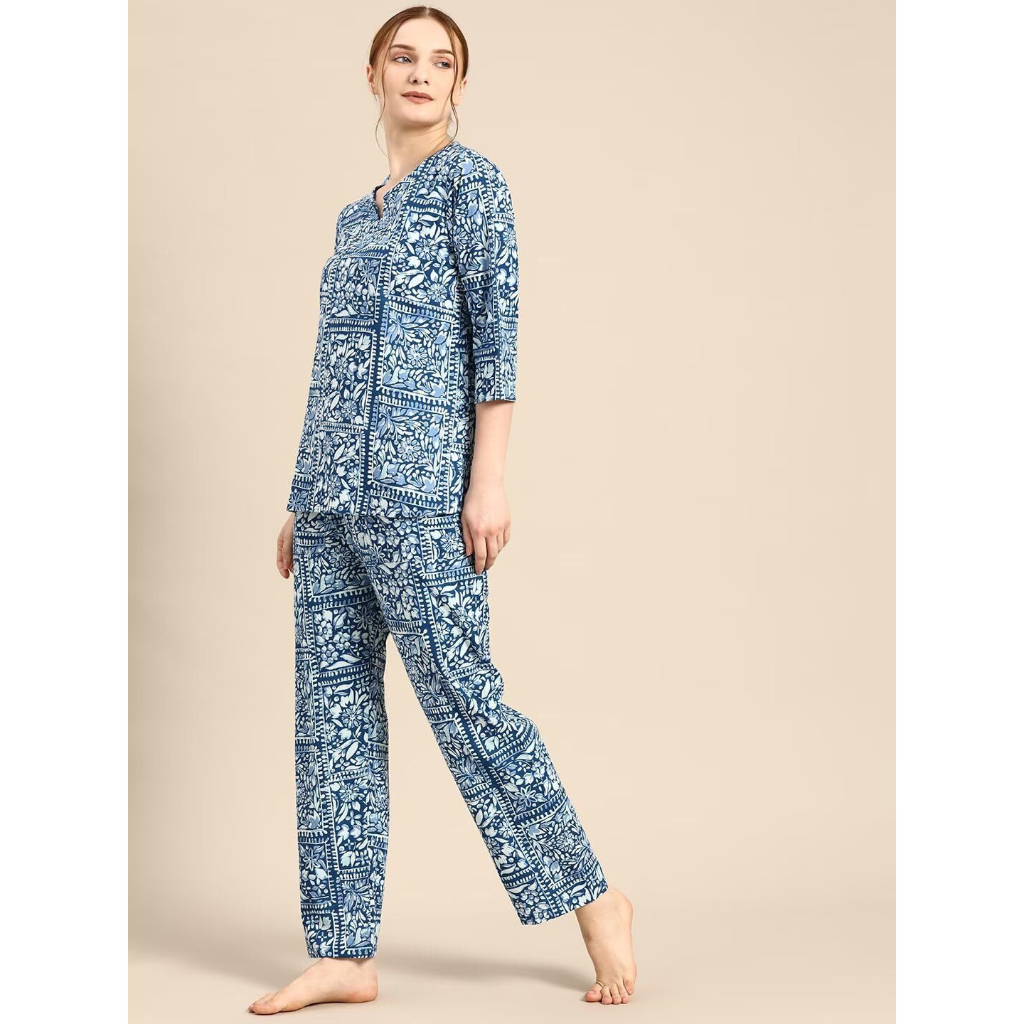 Rytras Women's Cotton Printed Night Suit Set Of Shirt Top & Pajamas (Pack Of 1)(Blue,S)