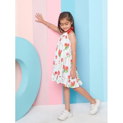 Pspeaches Adorable Girl's Floral Printed Halter Neck Cotton A-Line Dress Blue Color Stylish & Comfortable Summer Fashion (3-4Years)