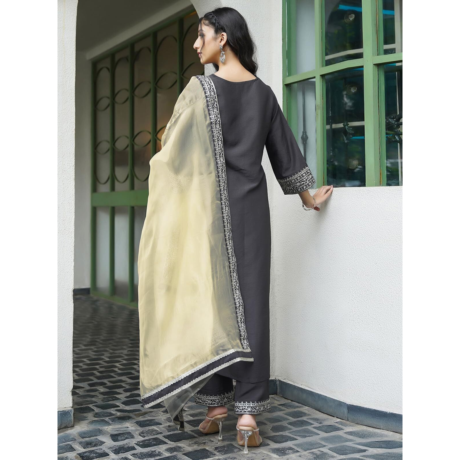 Sanisa Women's Art Silk Sequins Embroidery Lace Straight Kurta With Pant And Dupatta Set (104Kbd1139N-L_Grey)