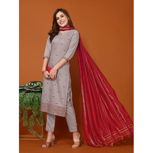 Sanisa Women's Chinnon Embroidery Straight Kurta With Pant And Self Woven Dupatta (54Kbd631Nz-Xxl_Dusty Brown)