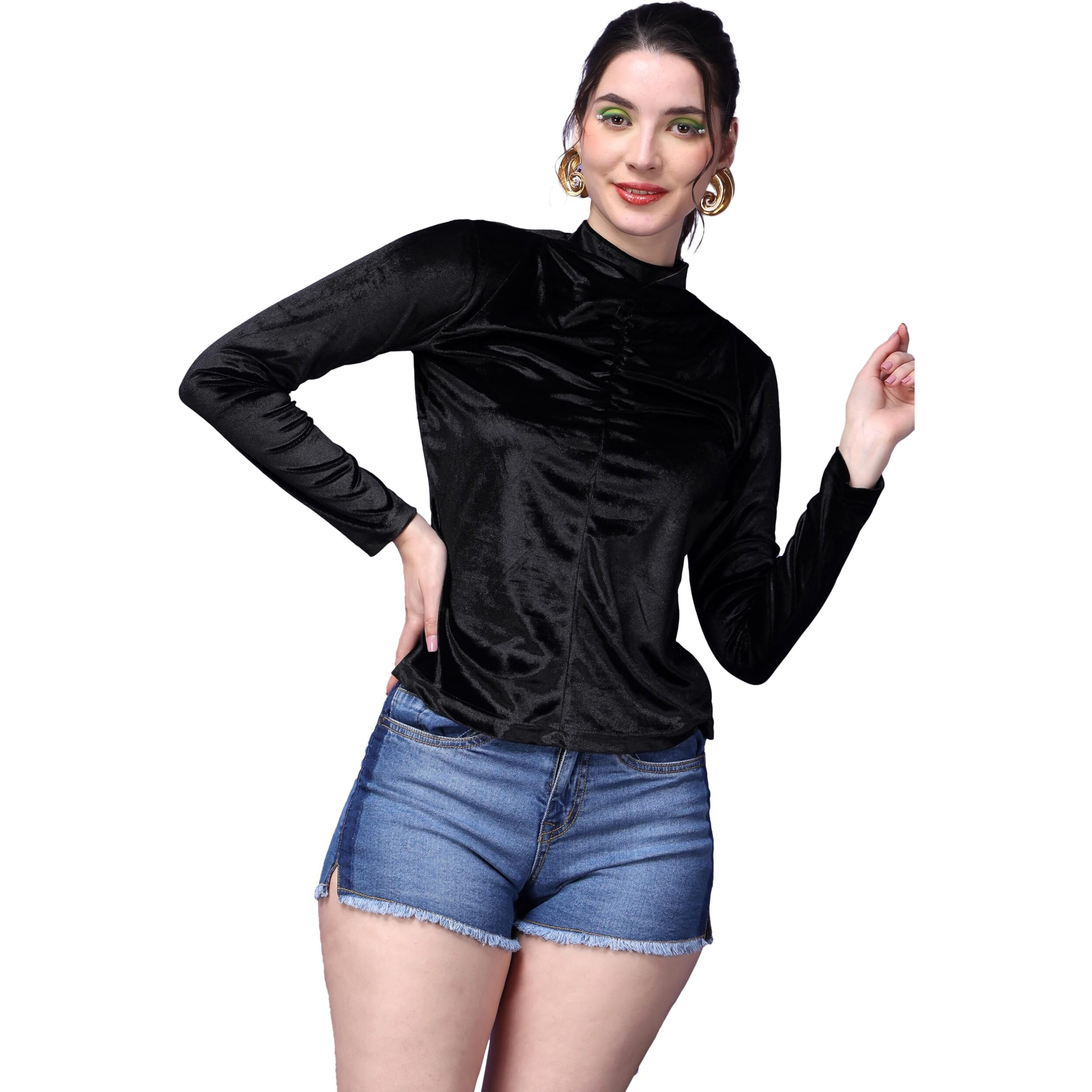 Popwings Casual Solid Velvet Halter Neck Full Sleeves Top For Women || Stylish Western Latest Party Top