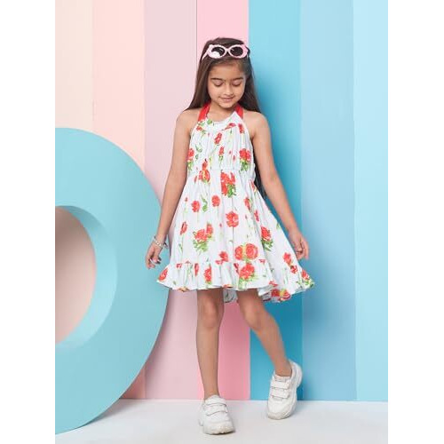 Pspeaches Adorable Girl's Floral Printed Halter Neck Cotton A-Line Dress Blue Color Stylish & Comfortable Summer Fashion (5-6Years)