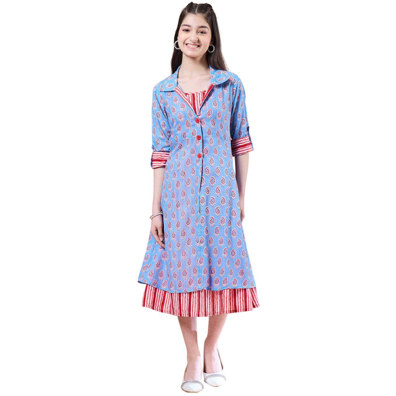 Pspeaches Blue Color Cotton Fabric Dress With Shoulder Strap Neck Stylish Calf-Length Girls' Fashion (13-14 Years)
