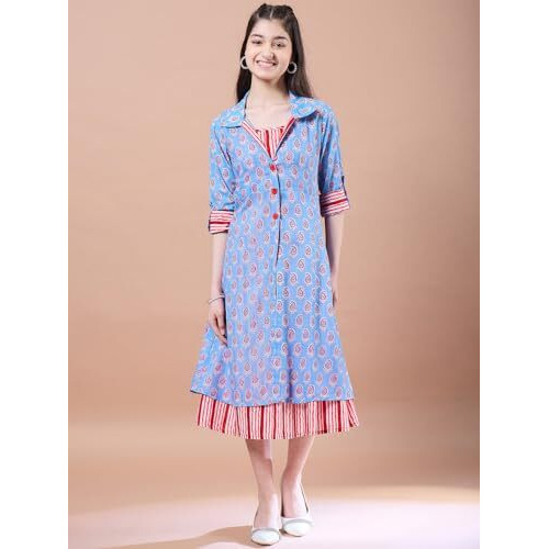 Pspeaches Blue Color Cotton Fabric Dress With Shoulder Strap Neck Stylish Calf-Length Girls' Fashion (13-14 Years)