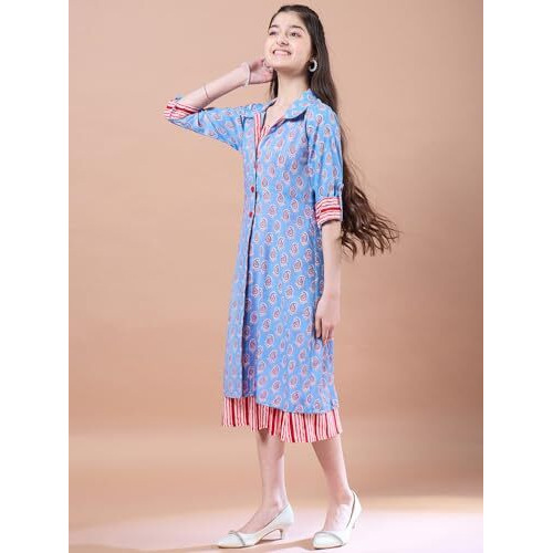 Pspeaches Blue Color Cotton Fabric Dress With Shoulder Strap Neck Stylish Calf-Length Girls' Fashion (13-14 Years)