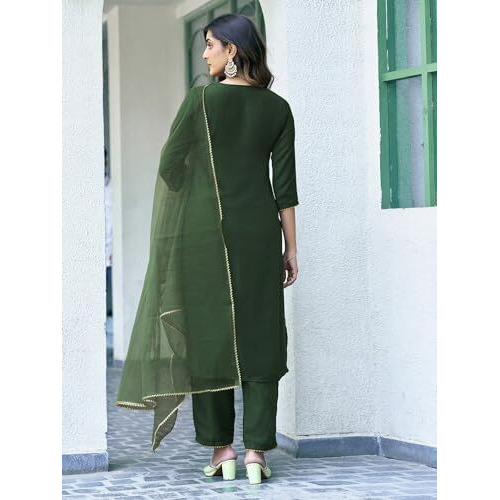 Sanisa Women's Chinnon Sequence Embroidery Work Straight Kurta With Pant And Dupatta Set (155Kbd1673Nr-L_Bottle Green)