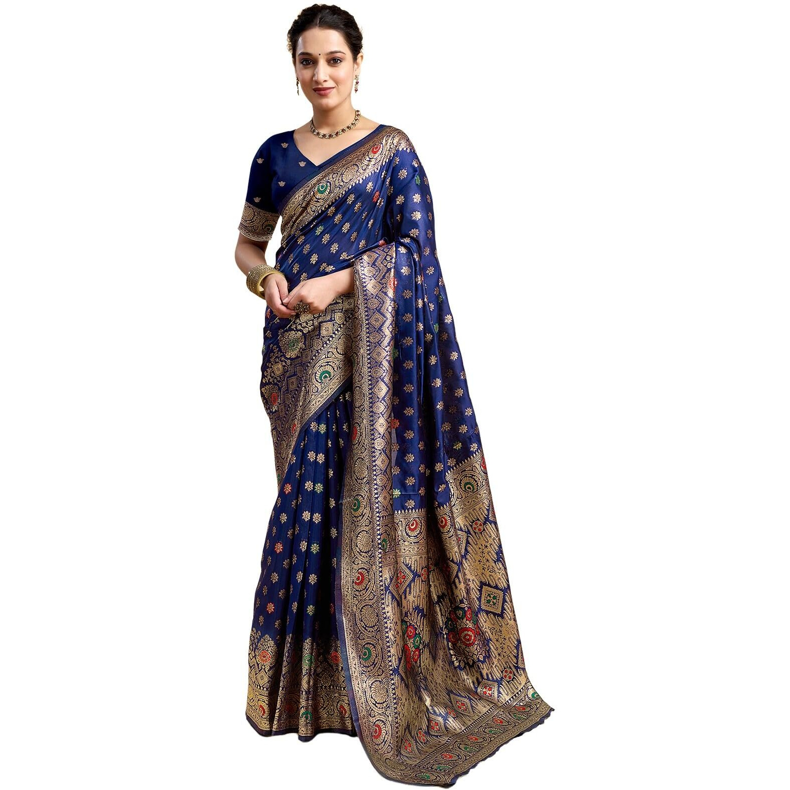 Satrani Women's Banarasi Silk Weaving Saree With Unstitched Blouse Piece (4208S853N_Navy Blue)