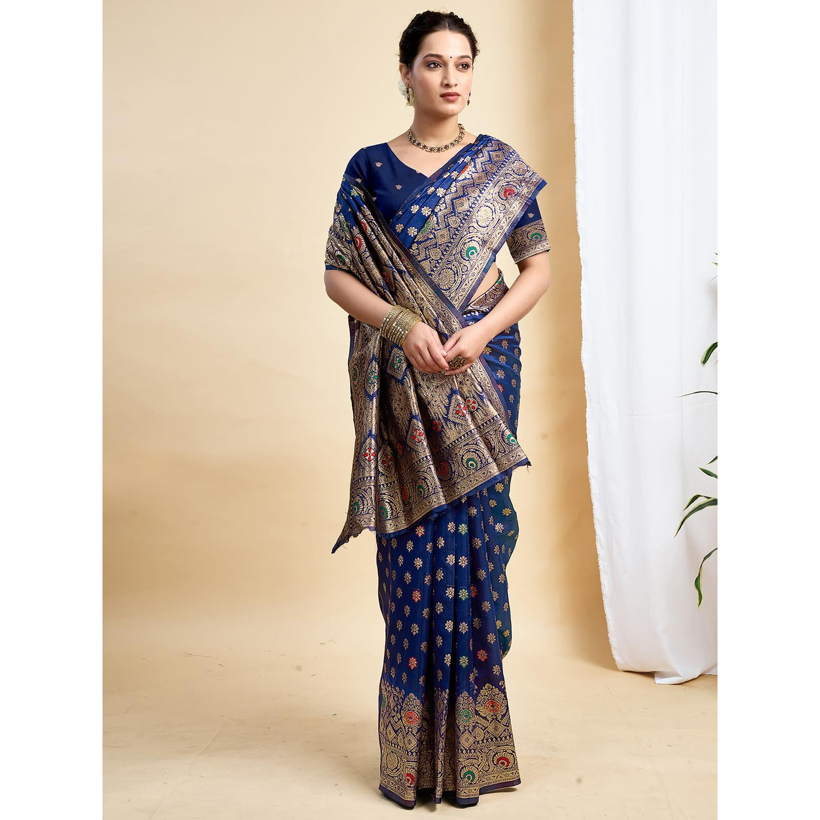 Satrani Women's Banarasi Silk Weaving Saree With Unstitched Blouse Piece (4208S853N_Navy Blue)