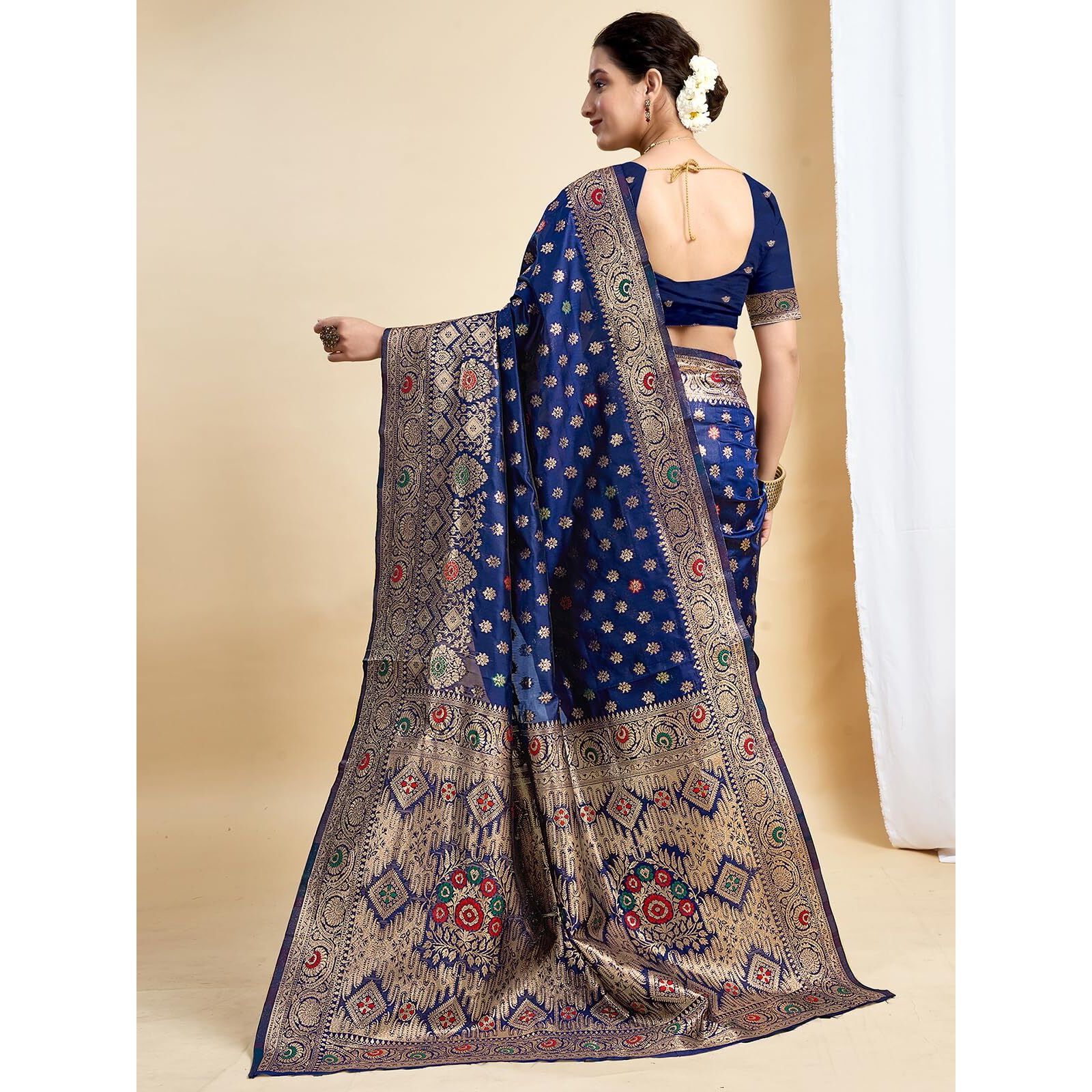 Satrani Women's Banarasi Silk Weaving Saree With Unstitched Blouse Piece (4208S853N_Navy Blue)