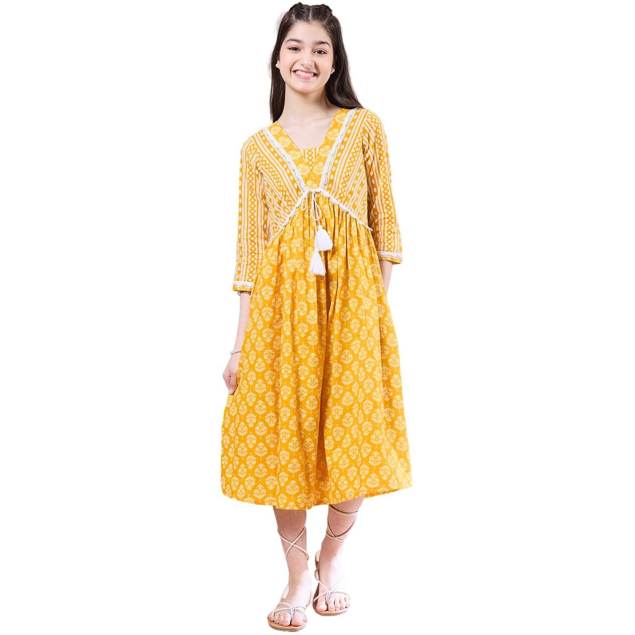 Pspeaches Girls Ethnic Motifs Print Cotton V-Neck A-Line Midi Dress (10-12 Years) Yellow