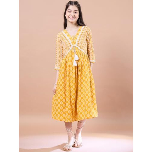 Pspeaches Girls Ethnic Motifs Print Cotton V-Neck A-Line Midi Dress (10-12 Years) Yellow