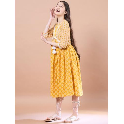 Pspeaches Girls Ethnic Motifs Print Cotton V-Neck A-Line Midi Dress (10-12 Years) Yellow