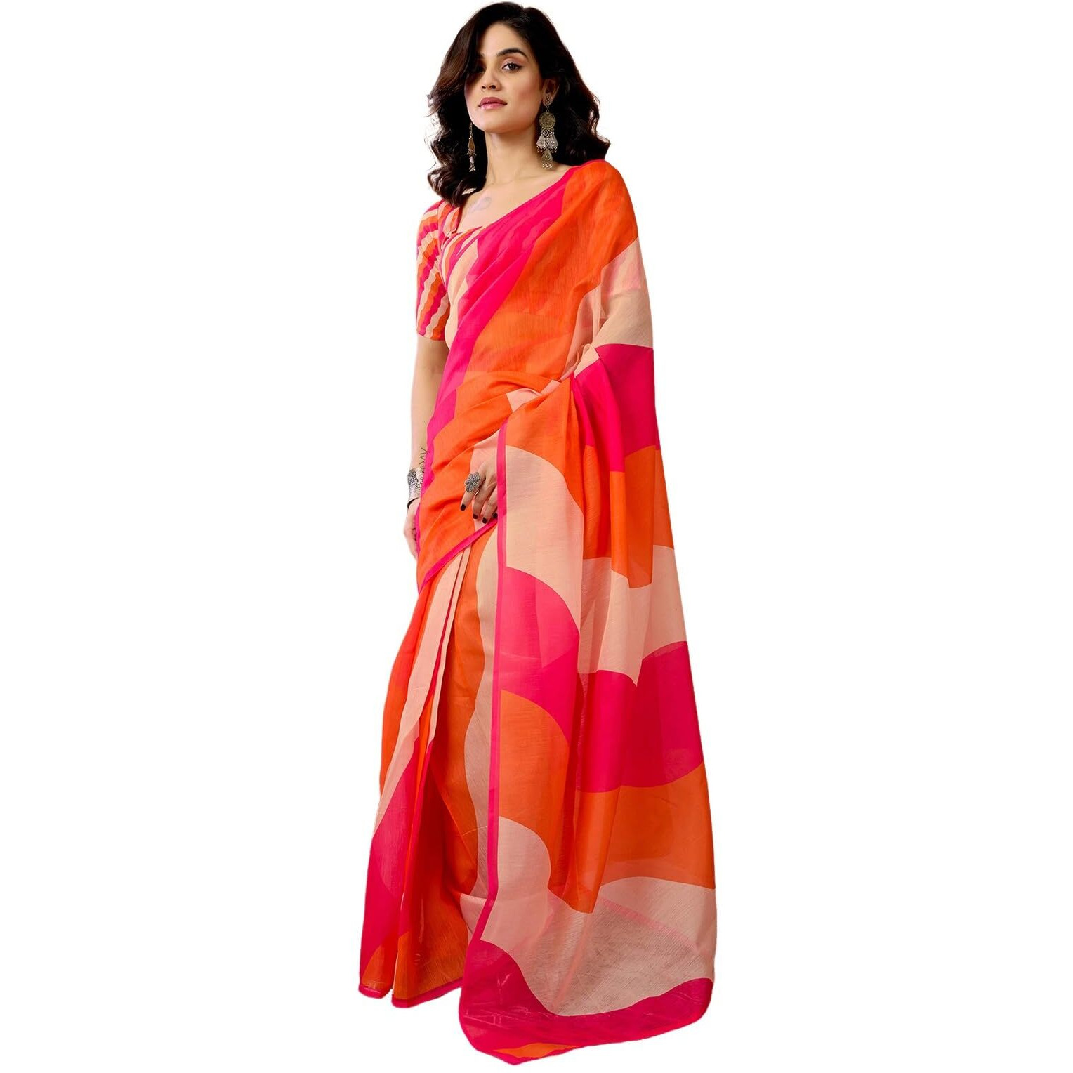 Satrani Women's Chanderi Cotton Printed Ready To Wear Saree With Unstitched Blouse Piece (41Rs367_Pink & Orange & Beige)