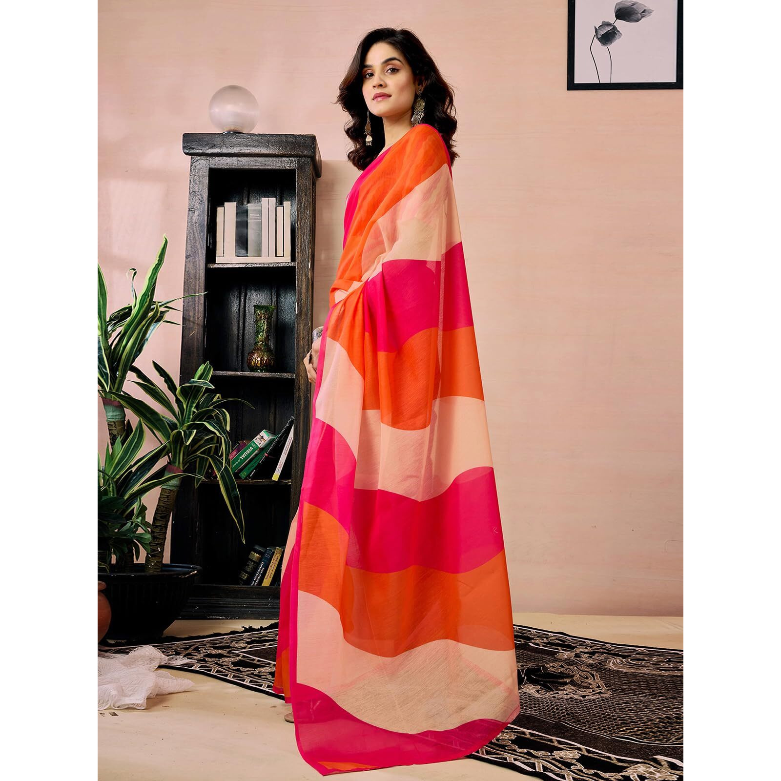 Satrani Women's Chanderi Cotton Printed Ready To Wear Saree With Unstitched Blouse Piece (41Rs367_Pink & Orange & Beige)