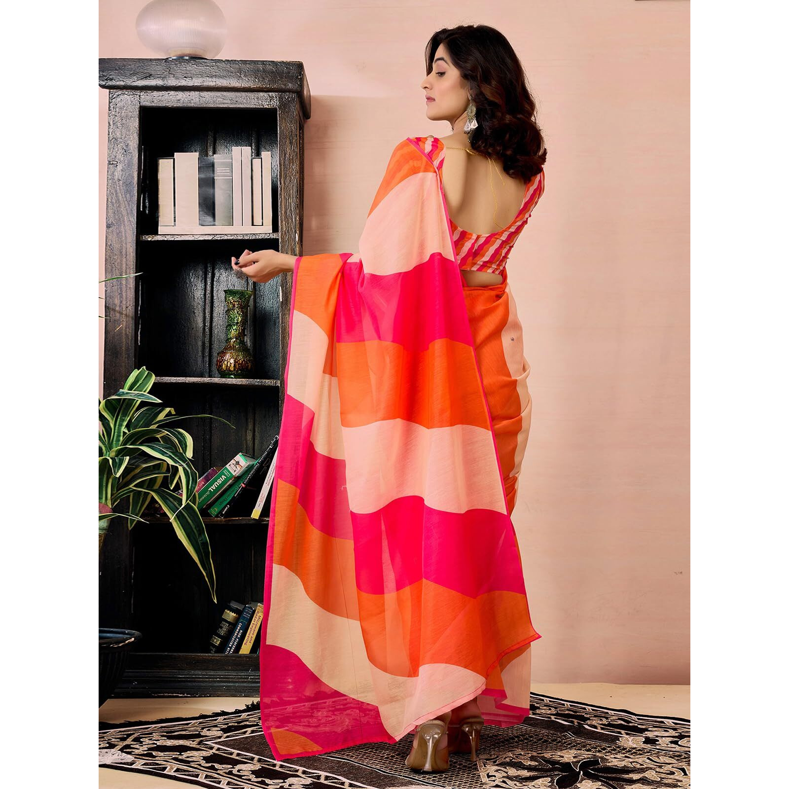 Satrani Women's Chanderi Cotton Printed Ready To Wear Saree With Unstitched Blouse Piece (41Rs367_Pink & Orange & Beige)