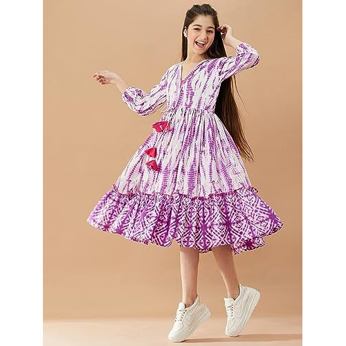 Pspeaches Girls Tie And Dye Cotton A-Line Midi Dress (Purple-14-15Y)