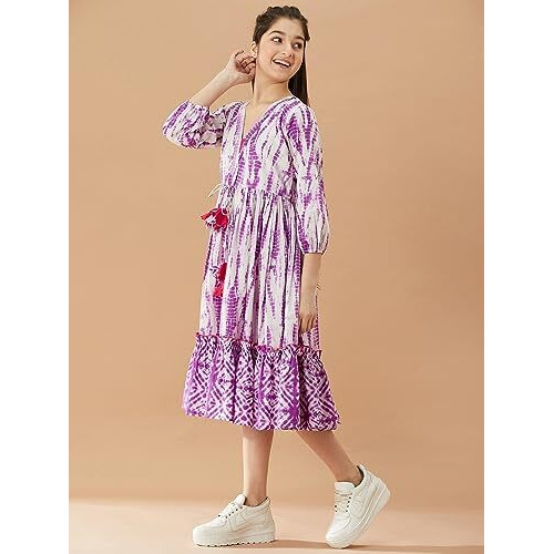 Pspeaches Girls Tie And Dye Cotton A-Line Midi Dress (Purple-14-15Y)