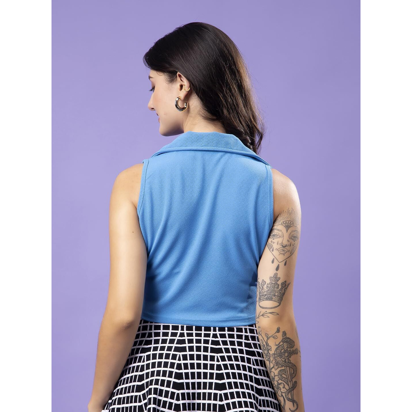 Popwings Blue Solid Button Clousre V Neck Sleeveless Waistcoat Crop Top