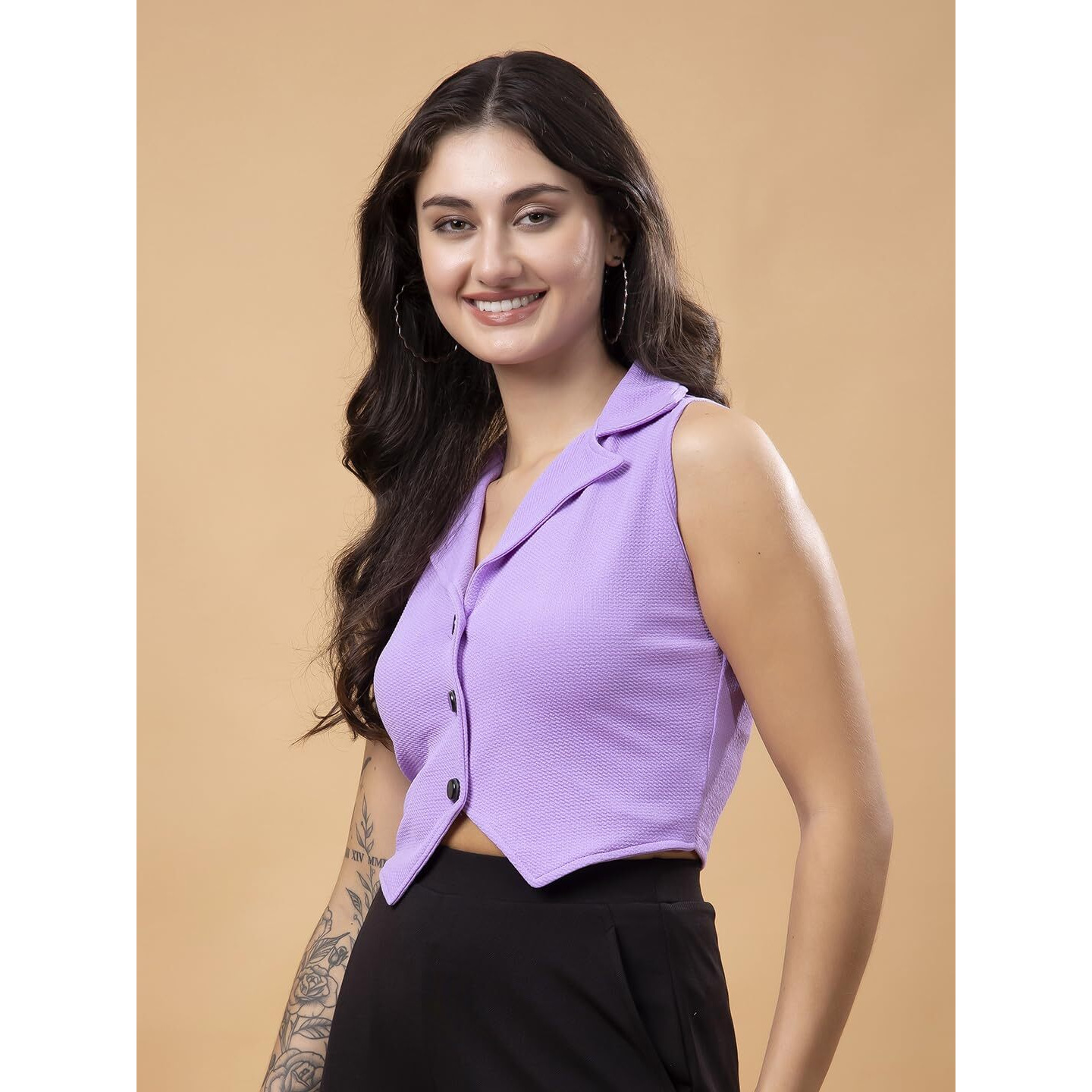 Popwings Lavender Solid Button Clousre V Neck Sleeveless Waistcoat Crop Top