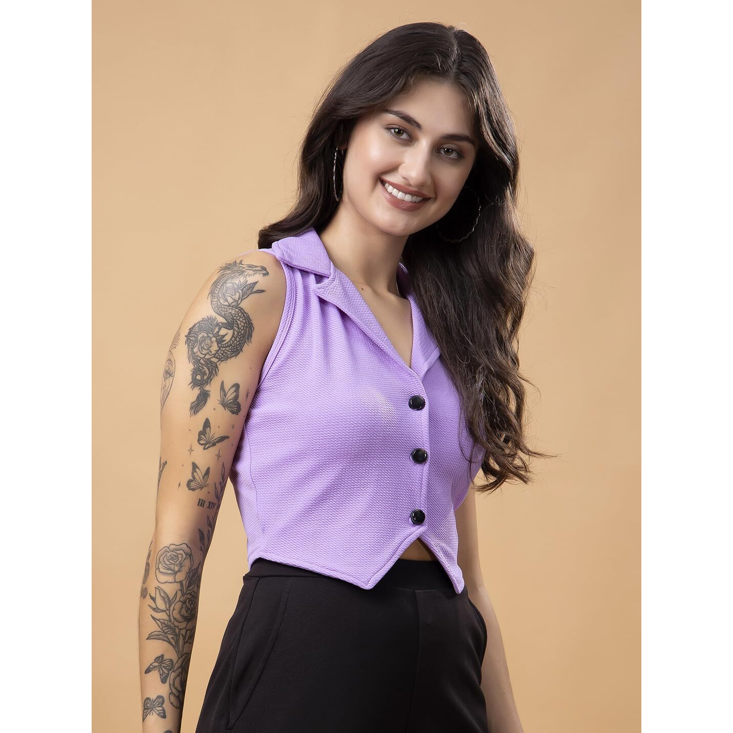 Popwings Lavender Solid Button Clousre V Neck Sleeveless Waistcoat Crop Top