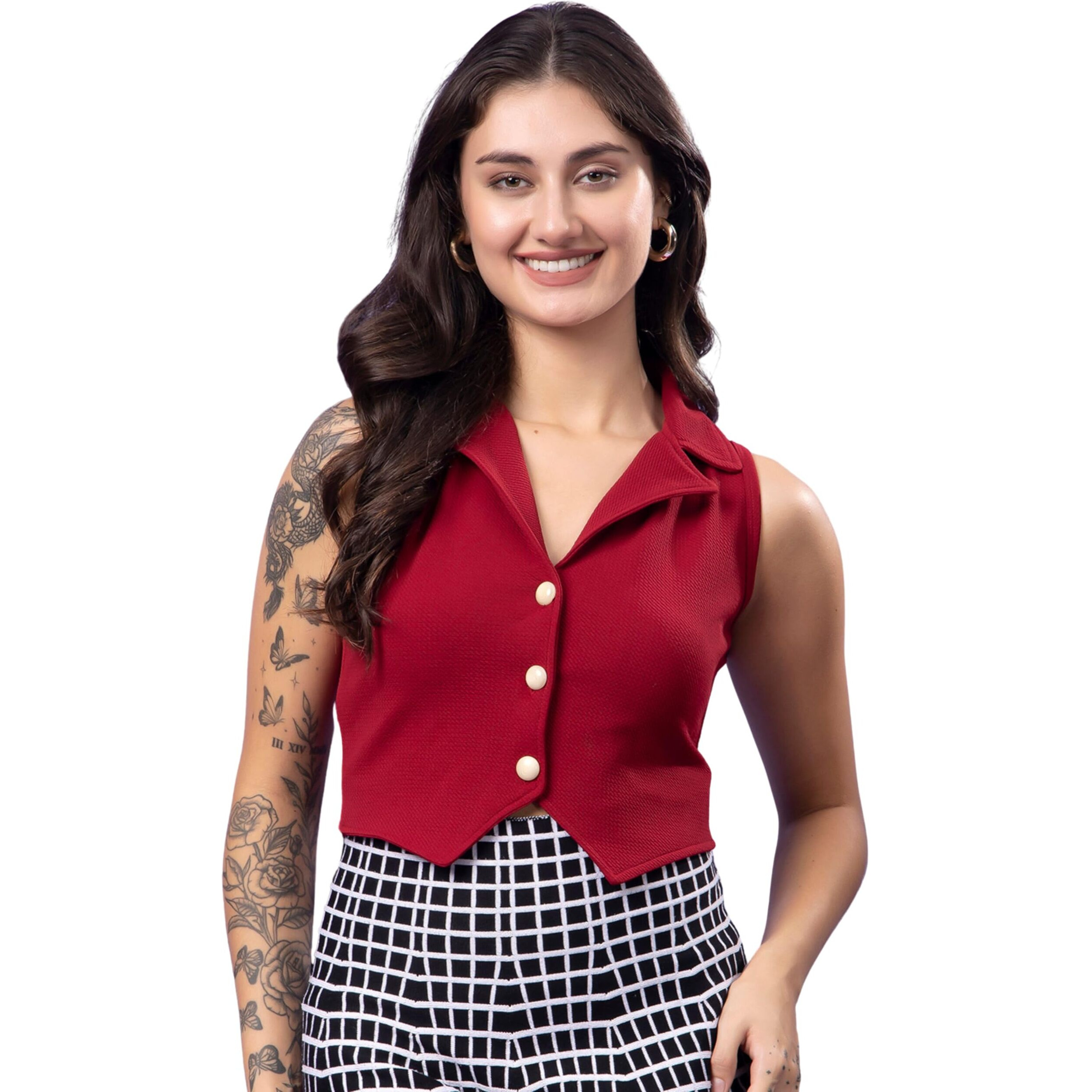 Popwings Maroon Solid Button Clousre V Neck Sleeveless Waistcoat Crop Top