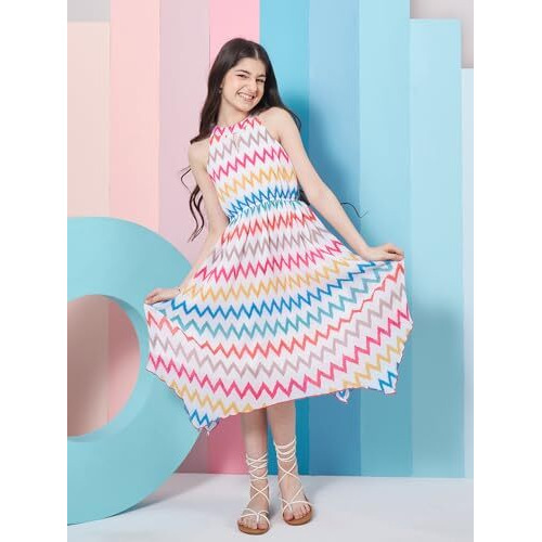 Pspeaches Stylish Girl's Geometric Printed Fit Flare Midi Dress White Color Trendy Outfit Fashionable Kids' Dress (4-5Years)