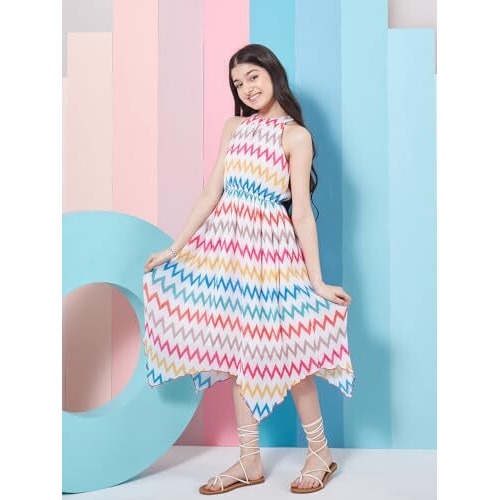 Pspeaches Stylish Girl's Geometric Printed Fit Flare Midi Dress White Color Trendy Outfit Fashionable Kids' Dress (4-5Years)