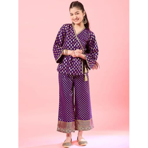 Pspeaches Girl's Polyester Dress Ankle Length 1 Top, 1 Bottom (Iw-Winefoil-13-14Y_Wine