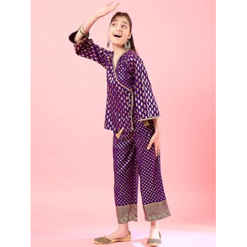 Pspeaches Girl's Polyester Dress Ankle Length 1 Top, 1 Bottom (Iw-Winefoil-13-14Y_Wine