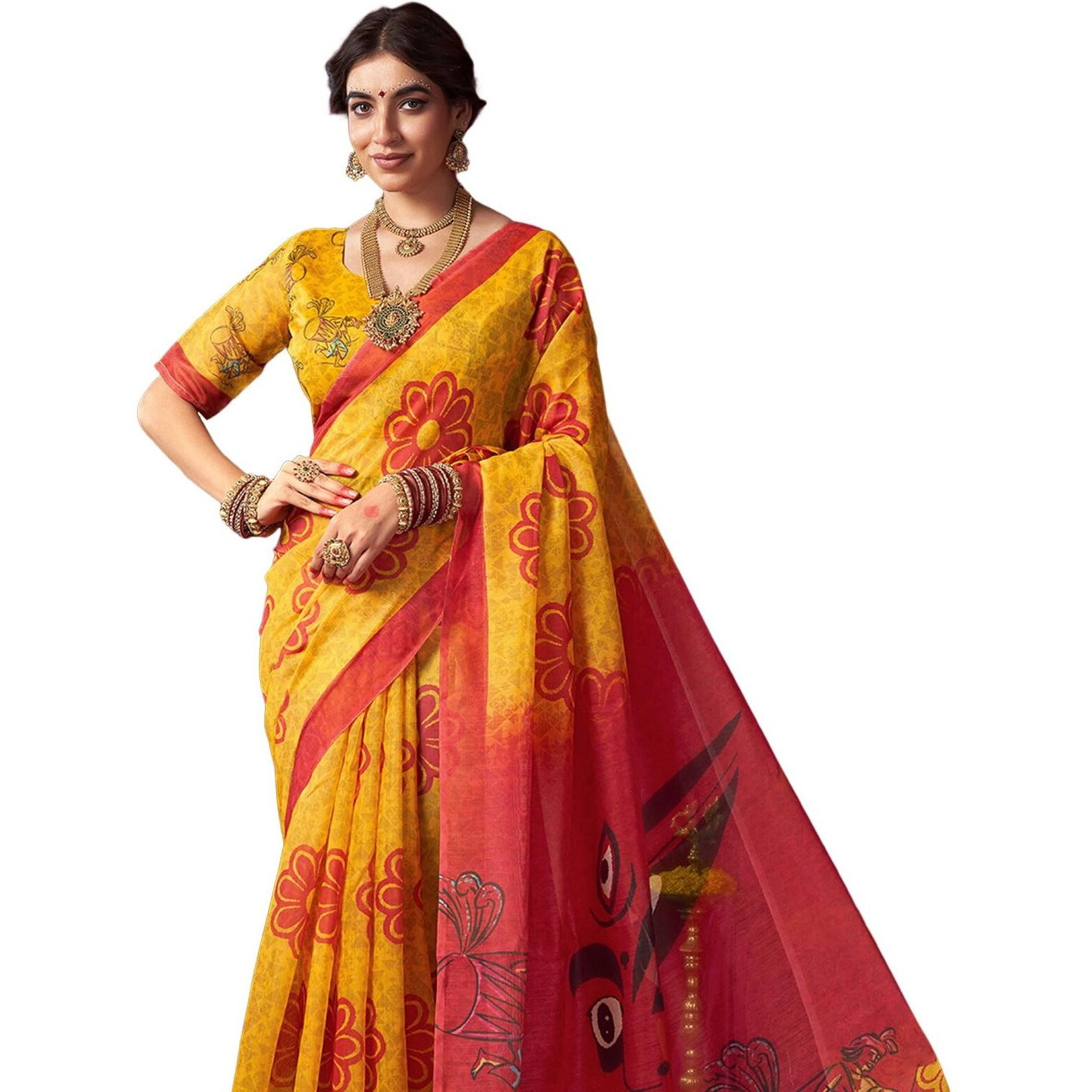 Satrani Women's Chanderi Cotton Printed Durga Puja Special Saree With Unstitched Blouse Piece (4767S7028N_Yellow)