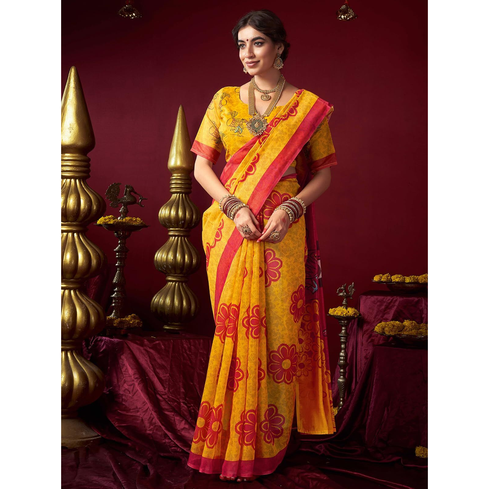 Satrani Women's Chanderi Cotton Printed Durga Puja Special Saree With Unstitched Blouse Piece (4767S7028N_Yellow)
