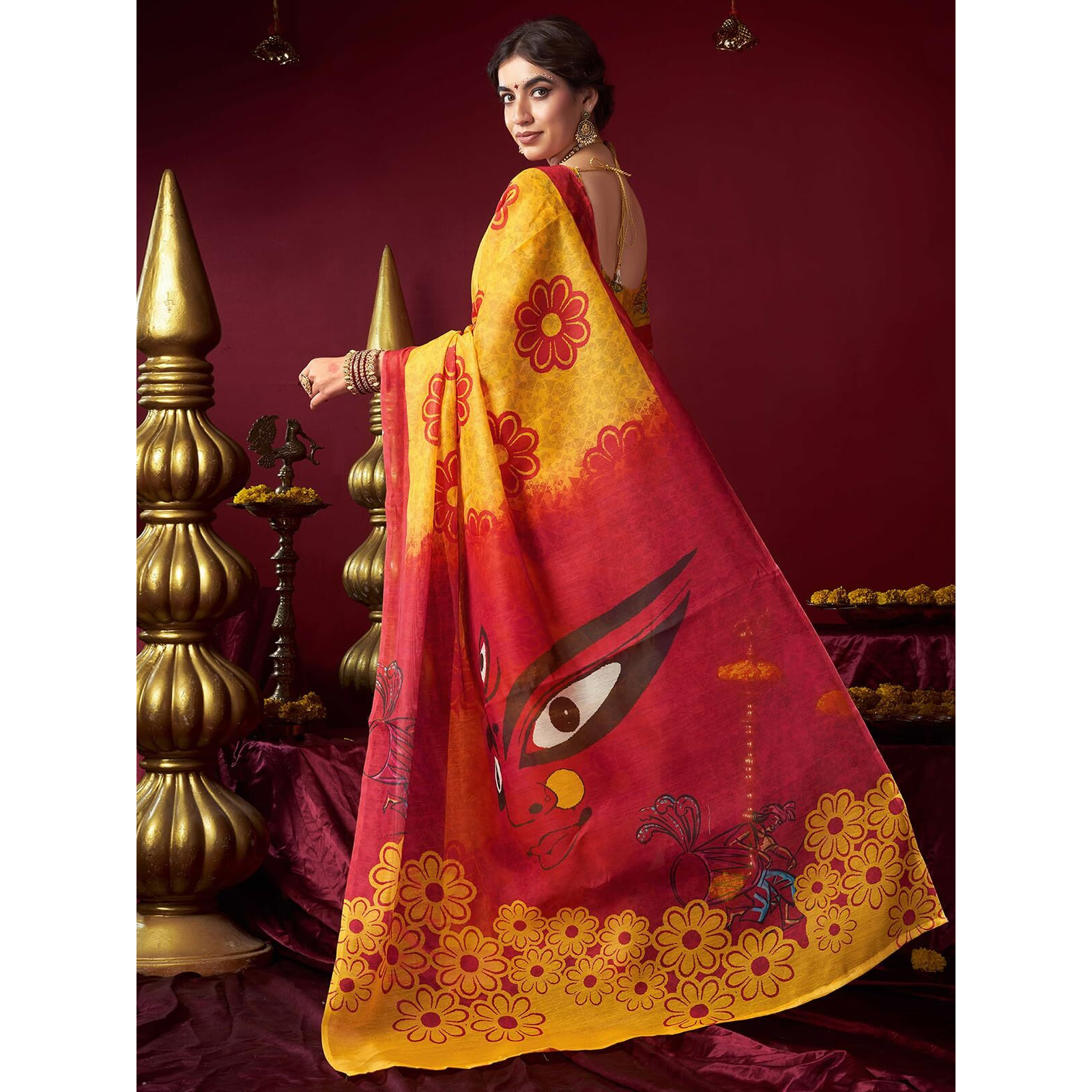 Satrani Women's Chanderi Cotton Printed Durga Puja Special Saree With Unstitched Blouse Piece (4767S7028N_Yellow)