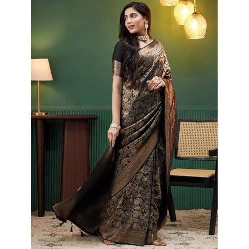 Satrani Women's Banarasi Silk Weaving Saree With Unstitched Blouse Piece (4236S422N_Black & Golden)