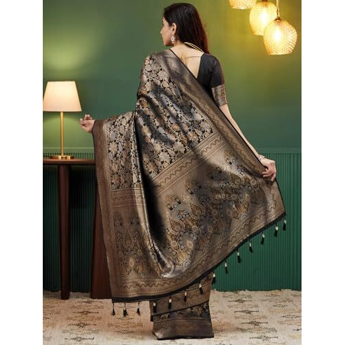 Satrani Women's Banarasi Silk Weaving Saree With Unstitched Blouse Piece (4236S422N_Black & Golden)