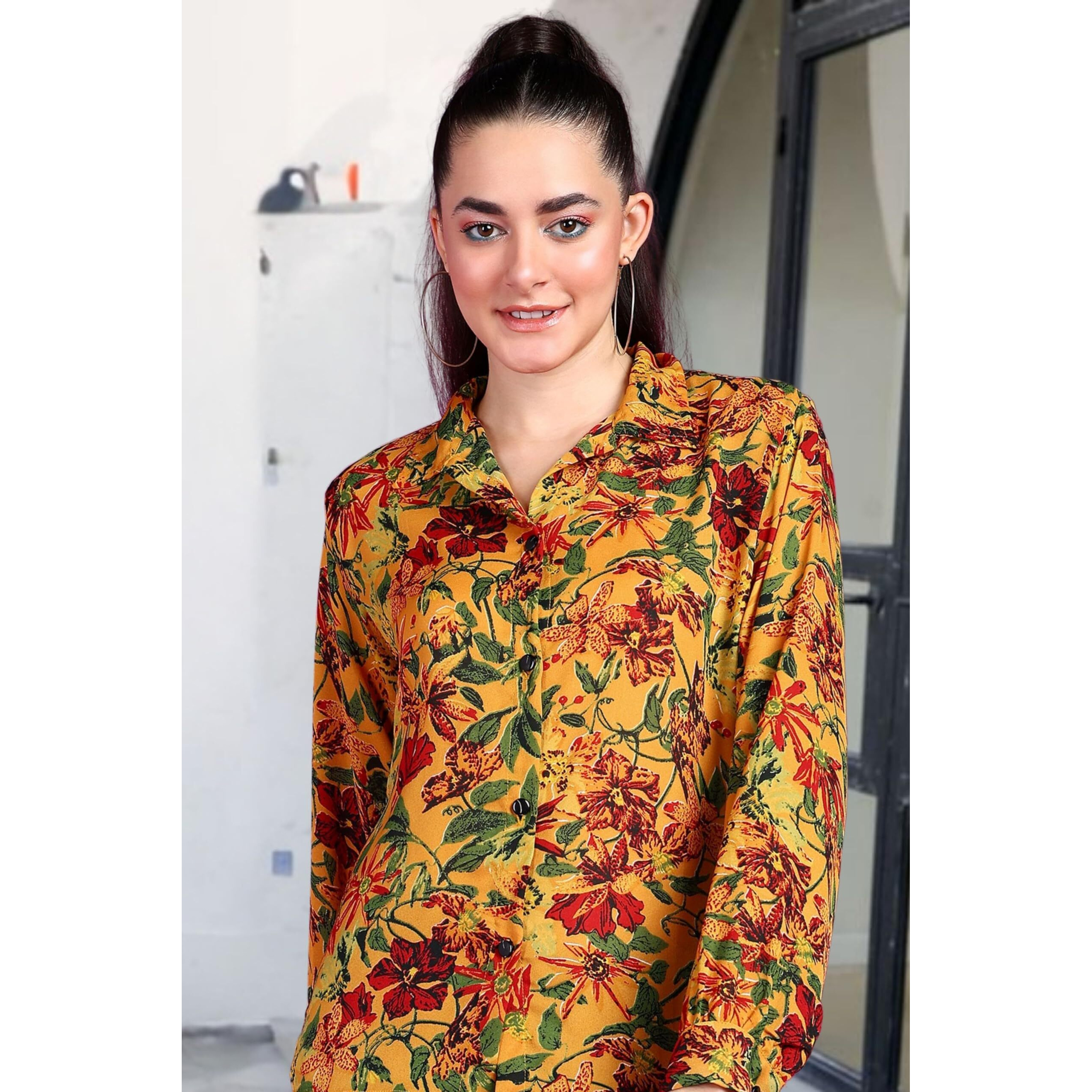 Popwings Printed Full-Sleeves Regular-Fit Polyester Printed Shirt For Women Stylish Western Casual Wear