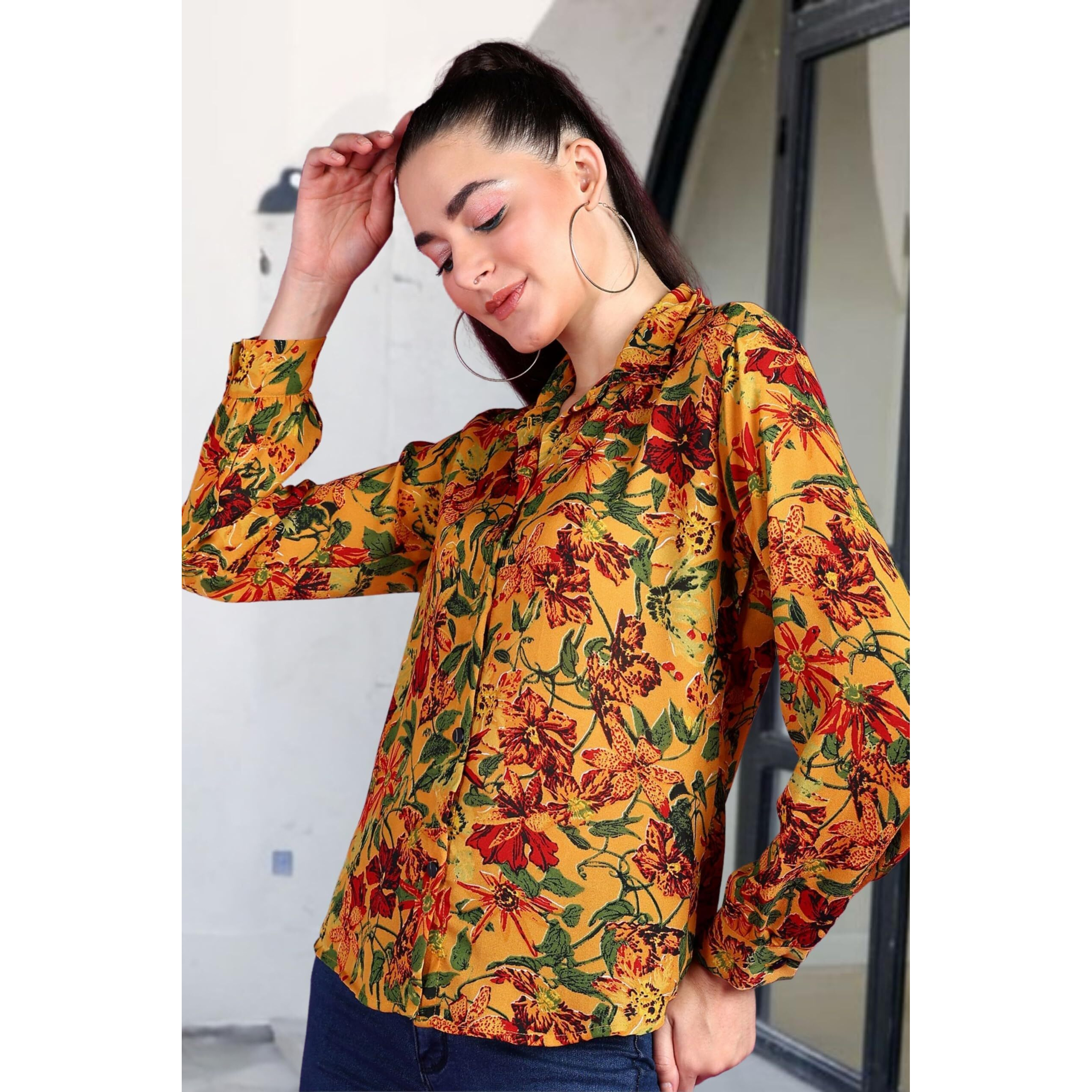 Popwings Printed Full-Sleeves Regular-Fit Polyester Printed Shirt For Women Stylish Western Casual Wear
