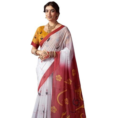 Satrani Women's Chanderi Cotton Printed Durga Puja Special Saree With Unstitched Blouse Piece (4767S7022N_White1)